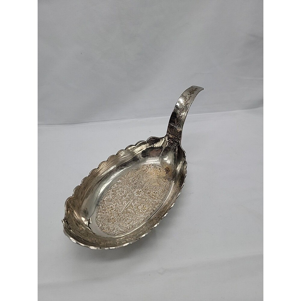 Vintage Z.Y. India Etched Silver Tone Metal Footed Dish Handle Scalloped 11"